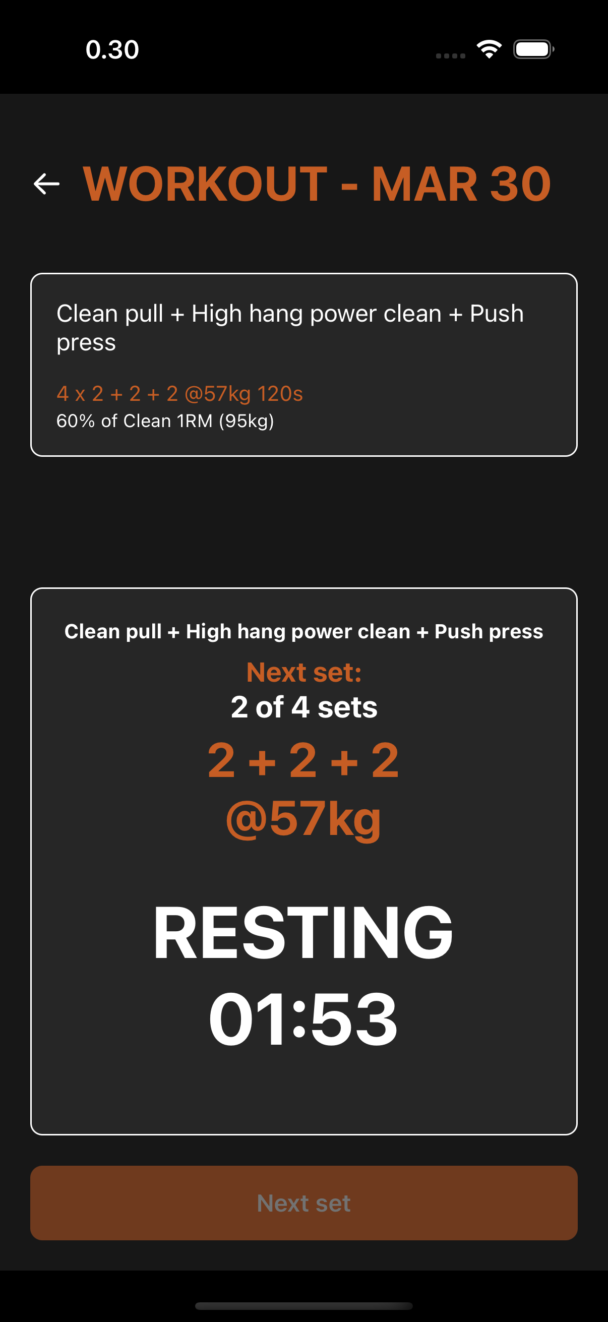PeakTrack workout timer showing rest period and set tracking